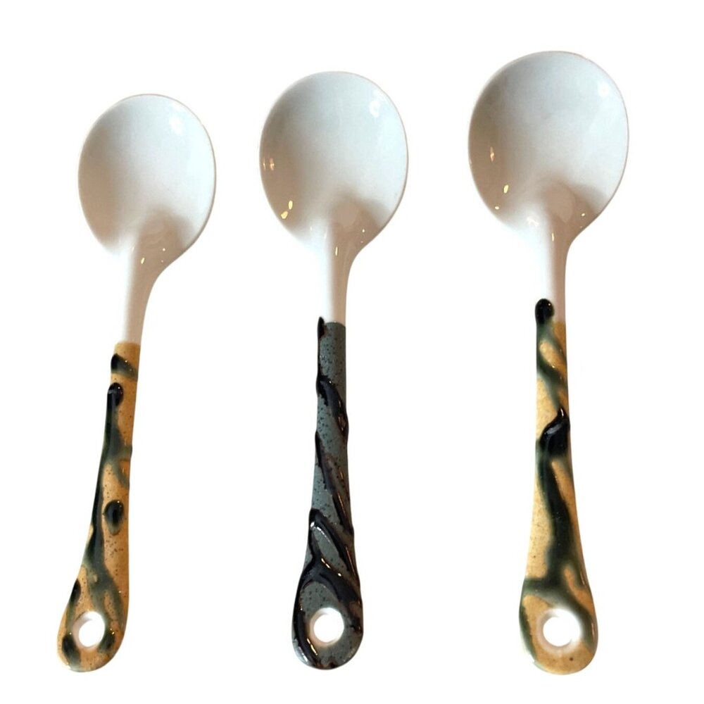 Handcrafted Ceramic Soup Spoons with Abstract Design Handles Set of 3 - Picture 4 of 6